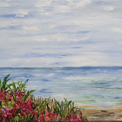 Tableau les fleurs sur la dune peinture à l'huile au couteau océan  atlantique paysage marin - Un grand marché