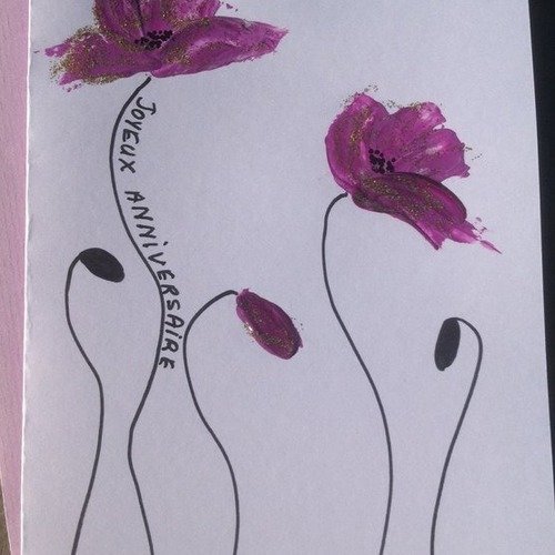 Carte d'anniversaire coquelicots violets et argent peinte à la main   15