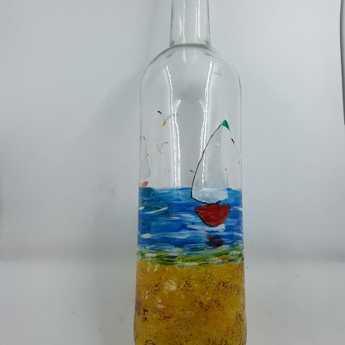 Bouteille en verre peinte bord de mer  décoration marine  bouteille décorative