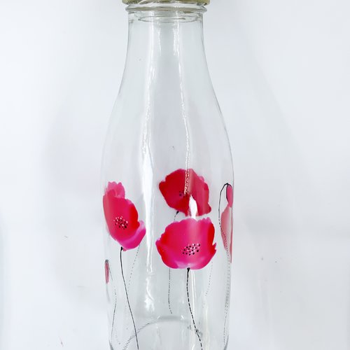 Bouteille en verre peinte coquelicots bouteille avec bouchon zéro déchet