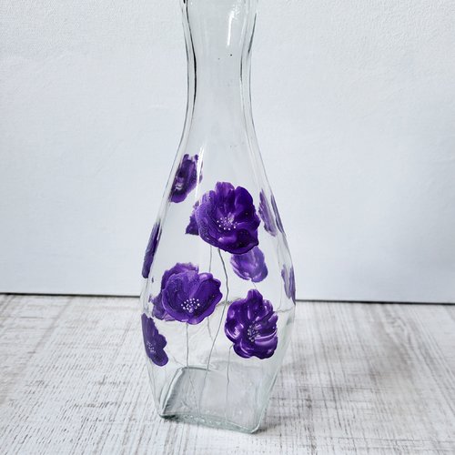 Carafe en verre peinte coquelicots violets    table de fêtes  décoration de table