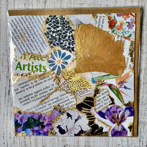 Carte de voeux feuille gingko or  carte collage peinture acrylique  carte double