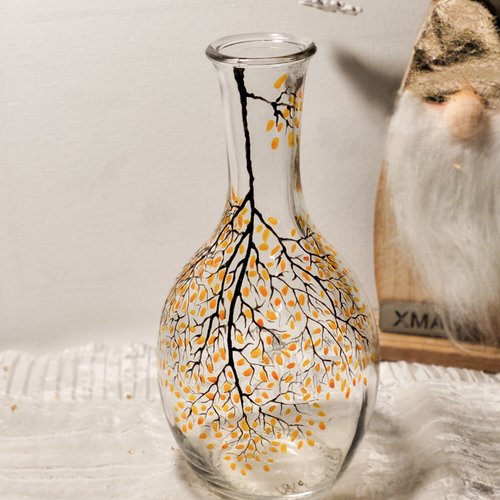 Carafe en verre peinte arbre de vie couleurs automne  carafe chinée  décoration de table