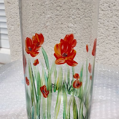 Vase en verre peint coquelicots