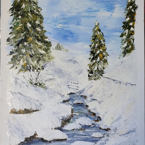 Tableau le torrent sous la neige  paysage de montagne  peinture à l’huile