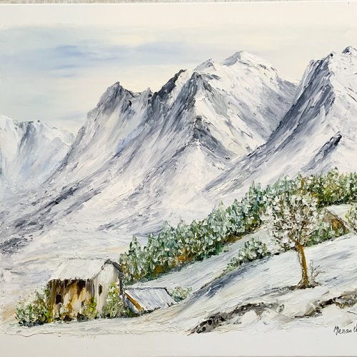 Tableau la vallée enneigée    décoration murale  paysage de neige   montagne  blanc comme neige