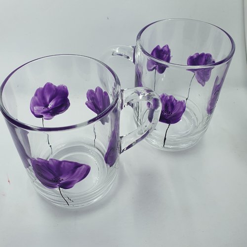 Duo de mugs en verre peint coquelicots tasses peintes  couleur lavande  tasses en verres