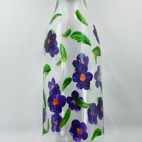 Bouteille en verre  bouteille peinte violettes  bouteille de lait déco vintage