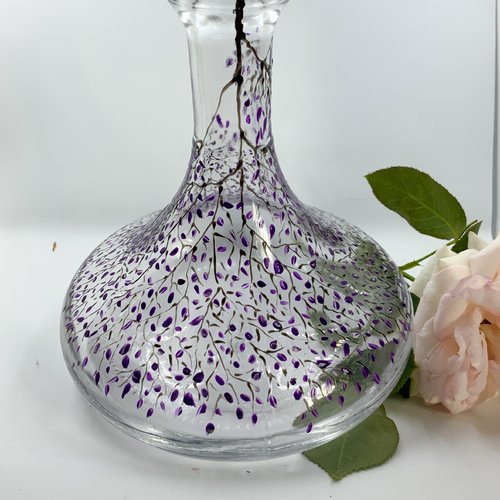 Carafe en verre peint végétal noir et violet  pendaison de crémaillère