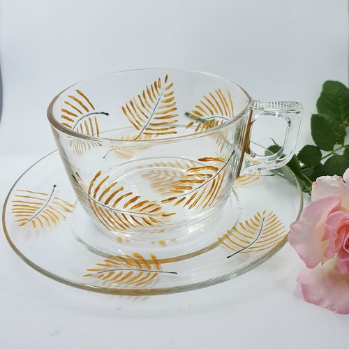 Grande tasse en verre avec assiette à dessert peints or et noir   cadeau fête des mères   fête des mamies