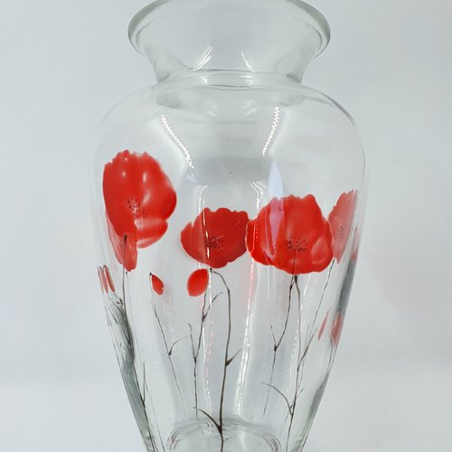 Vase en verre peint décor de coquelicots rouges   tableau coquelicots  cadeau pour la fête des mères   pendaison de crémaillère