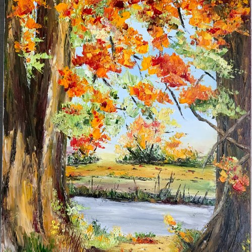 Automne  peinture à l’huile au couteau  paysage d’automne décoration  en automne au bord de la rivière peinture