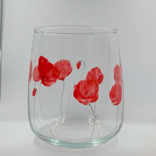 Vase en verre peint motif coquelicots rouges  cadeau  pâques  pendaison de crémaillère  fête des mères