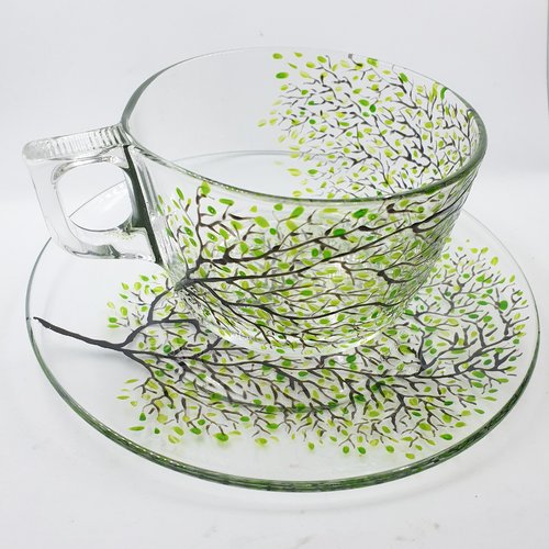 Cadeau fête des mères ensemble grande tasse déjeuner avec assiette à dessert en verre peint arbre de vie motif végétal