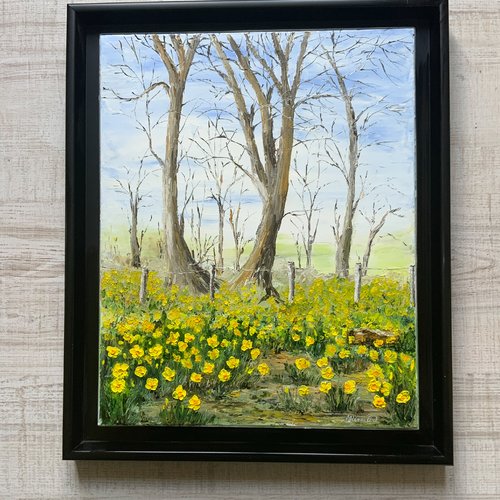 Peinture champ de jonquilles  printemps  paysage de normandie
