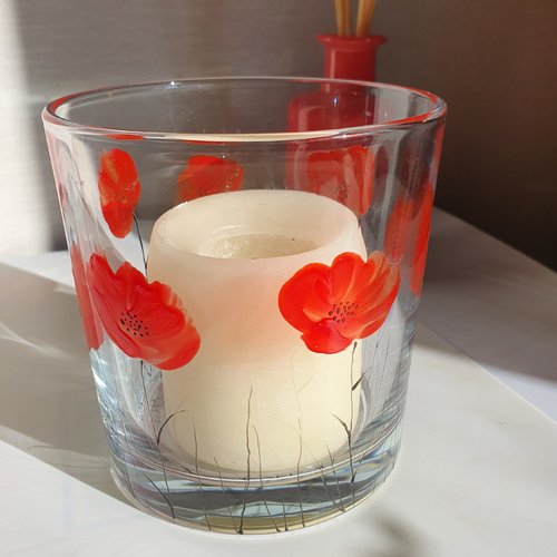 Photophore en verre coquelicots   vase peint coquelicots   décoration de table  objet de décoration