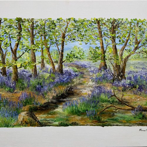 Printemps tableau les jacinthes sauvages  peinture à l’huile au couteau  décoration murale   bluebell painting
