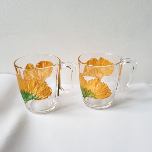 Mugs en verre peint feuilles de ginkgo biloba