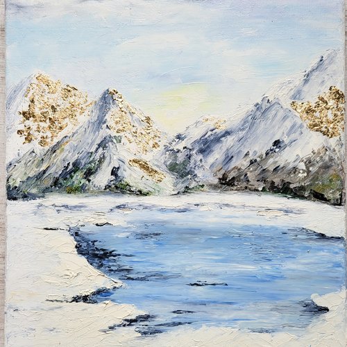 Tableau paysage de montagne  lac d’altitude paysage sous la neige  peinture à l’huile au couteau