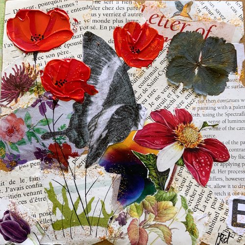 Carte de vœux ou d’anniversaire collages et coquelicots peints