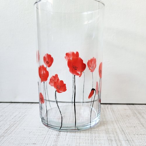 Vase en verre peint motif coquelicots