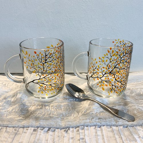 Duo de mugs en verre peint feuillage d’automne arbre de vie  pendaison de crémaillère