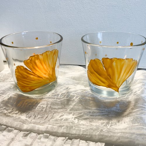 Photophore en verre peint feuille ginkgo biloba vert et or  deuxième vie