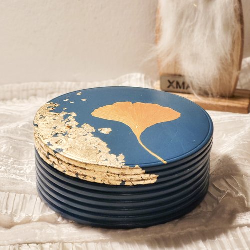 Coffret ancien relooké coffret en bois bleu et or  décoration gingko boîte à bijoux
