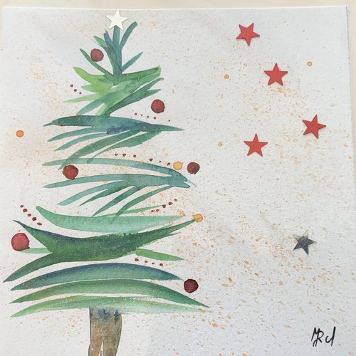 Carte double aquarelle sapin de noël  carte de noël