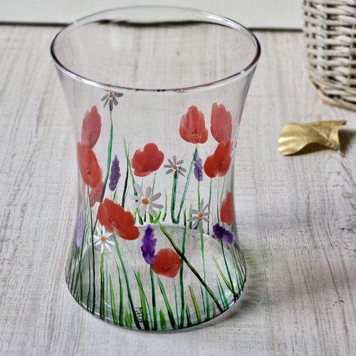 Grand vase en verre peint coquelicots et fleurs des champs idée cadeau pour noël  pendaison de crémaillère