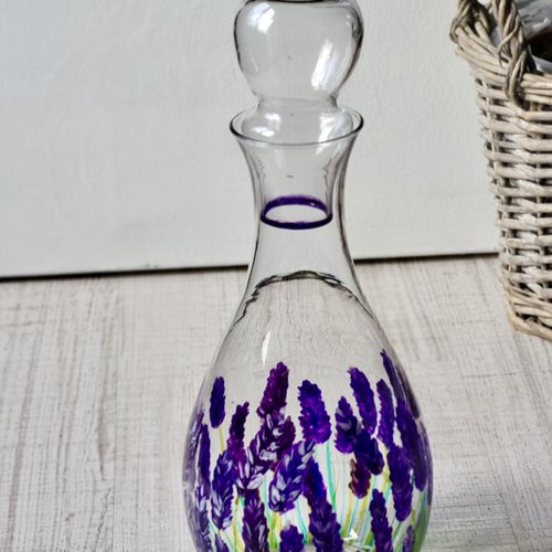 Carafe en verre peinte décor lavande  carafe vintage  seconde vie  pendaison de crémaillère