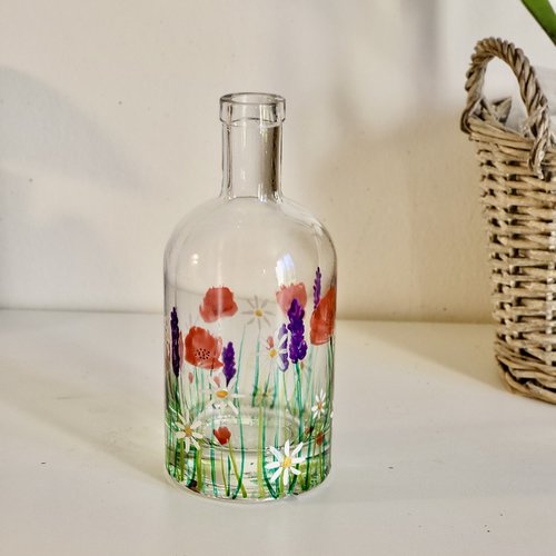 Bouteille en verre peinte coquelicots et fleurs des champs  recyclage   cadeau pendaison de crémaillère  zéro dechet
