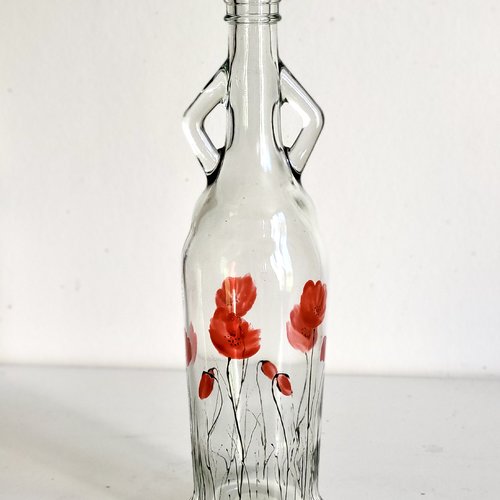 Bouteille en verre peinte coquelicots  décoration végétale  carafe peinte coquelicots