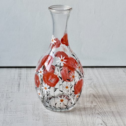 Carafe boule coquelicots  carafe en verre peinte coquelicots  cadeau pendaison de crémaillère  décoration de table