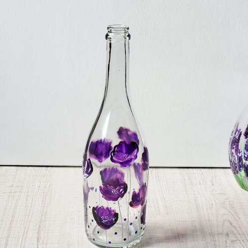 Bouteille en verre recyclée en carafe, photophore  tableau coquelicots  cadeau pendaison de crémaillère  couleur lavande