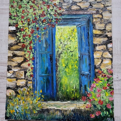 Tableau peinture à l’huile au couteau porte bleue  derrière la porte