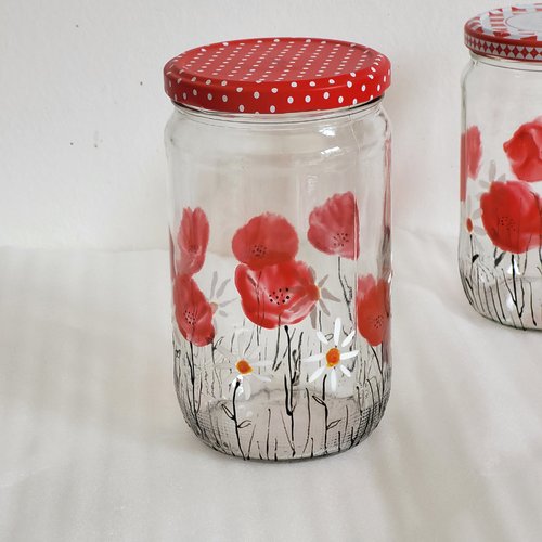 Bocal en verre peint de coquelicots  tableau coquelicots  bocaux recyclés