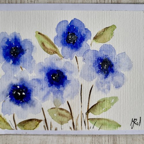Carte aquarelle fleurs bleues  carte postale anniversaire  carte d’art