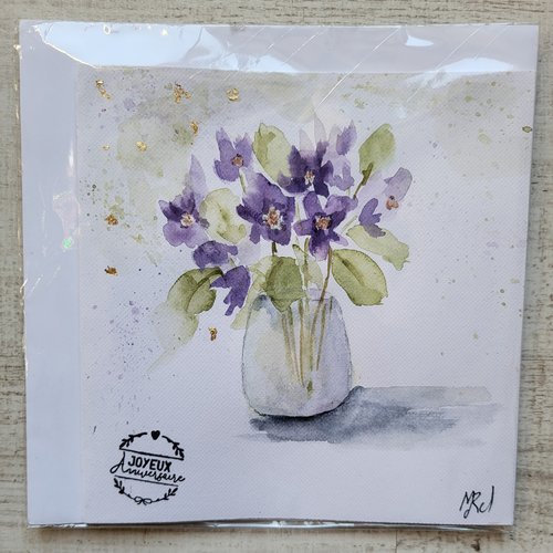 Carte double aquarelle bouquet de violettes carte d’anniversaire