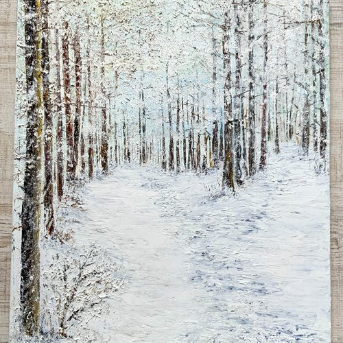 Tableau paysage de neige  peinture à l’huile au couteau  forêt sous la neige