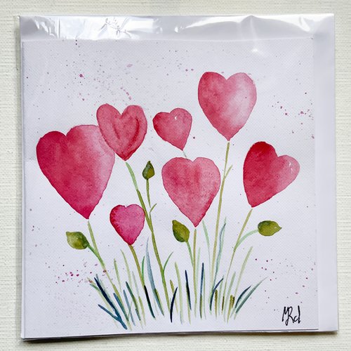 Carte double aquarelle bouquet de cœurs  carte anniversaire  fête des mères