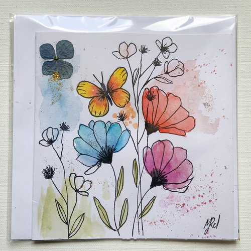 Carte double aquarelle  fleurs des champs et collage carte d’anniversaire  carte de vœux