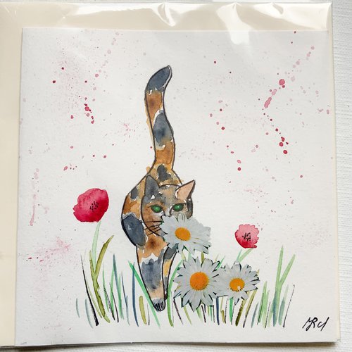 Carte aquarelle petit chat  et collage carte double anniversaire félicitations