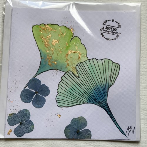 Carte d’anniversaire feuille de ginkgo à l’aquarelle et collage fleurs  carte double aquarelle