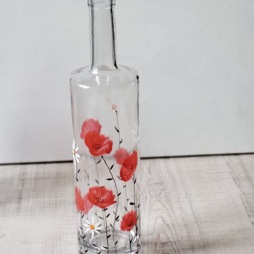 Bouteille en verre peinte décor coquelicots  seconde vie des objets  tableau coquelicots  pendaison de crémaillère