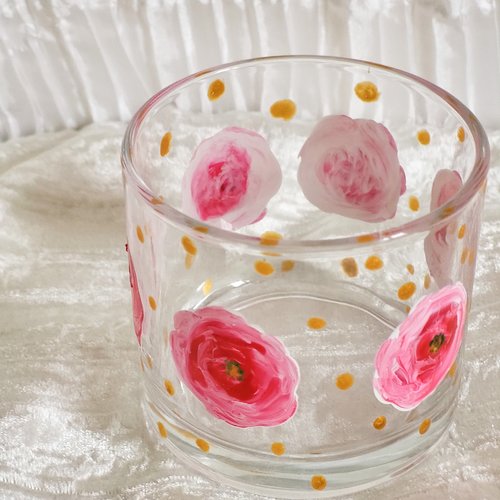 Photophore en verre peint motif de roses  décoration de table
