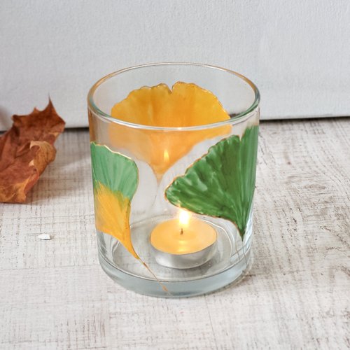 Photophore en verre peint feuilles de ginkgo  cadeau pendaison de crémaillère  photophore de noël