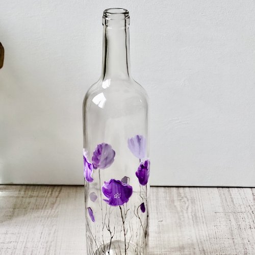 Bouteille en verre carafe coquelicots peinture sur verre  photophore