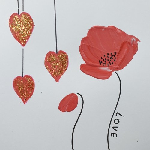 Carte saint-valentin cœurs et coquelicots  carte double peinte à la main  tableau coquelicots