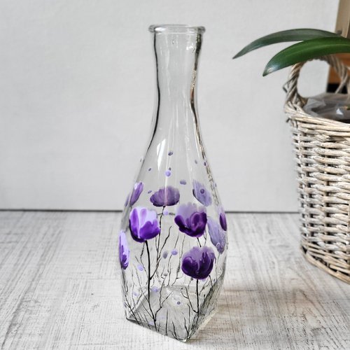 Carafe en verre peinte à la main fleurs violettes  cadeau pendaison de crémaillère